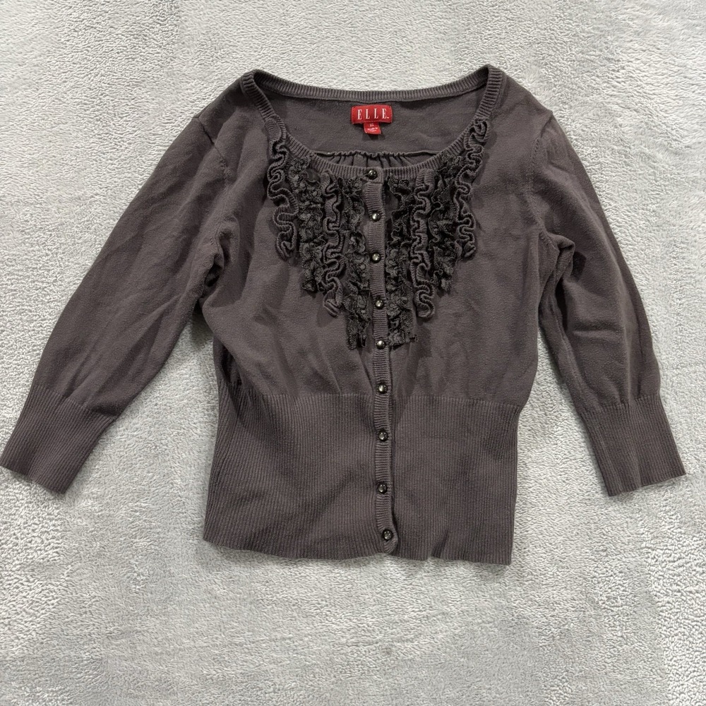 Elle Y2K Vintage Button Blouse Top Women XS Gray Mid Sleeve Diva Ruffle Victoria
